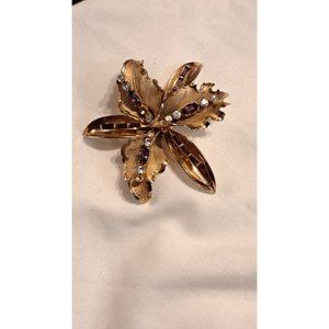 Vintage CORO CRAFT KATZ Gold Tone Bearded Iris Orchid ft/ clear and purple Rhine